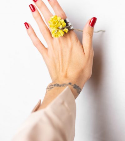 Soft photo of woman hand red manicure, ring on finger, hold cute yellow little dry flower isolated, white background.
